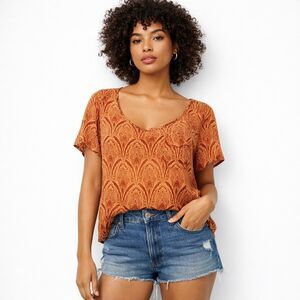Lucky 100% silk short sleeve blouse paisley Tangerine rust S